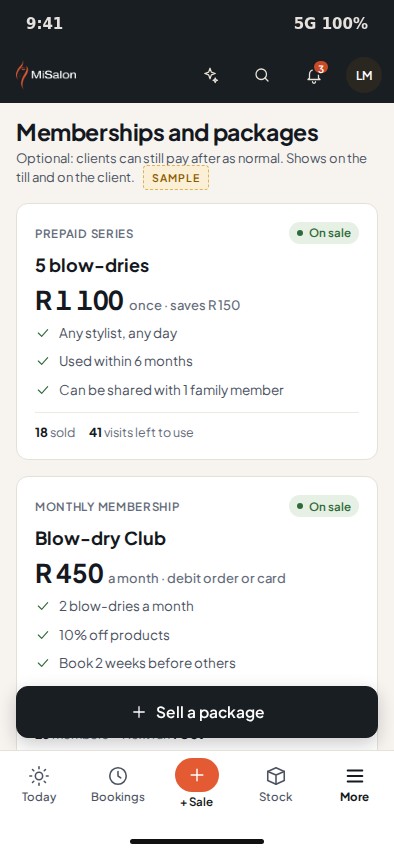 Memberships and packages in MiSalon, with a series shown on the till