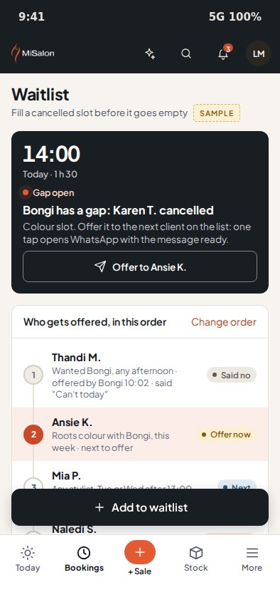 The MiSalon waitlist offering a cancelled 14:00 slot on WhatsApp