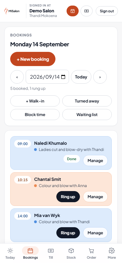 The day's bookings on a phone