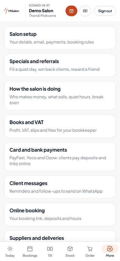 The MiSalon More screen on a phone with messages, online booking and team